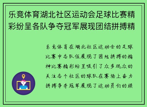 乐竞体育湖北社区运动会足球比赛精彩纷呈各队争夺冠军展现团结拼搏精神